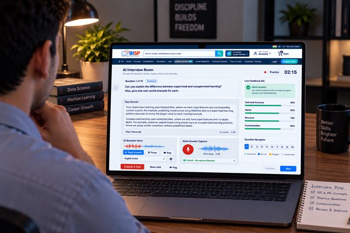 A candidate in the AI Interview Room, the question and their spoken answer on screen beside live feedback scores