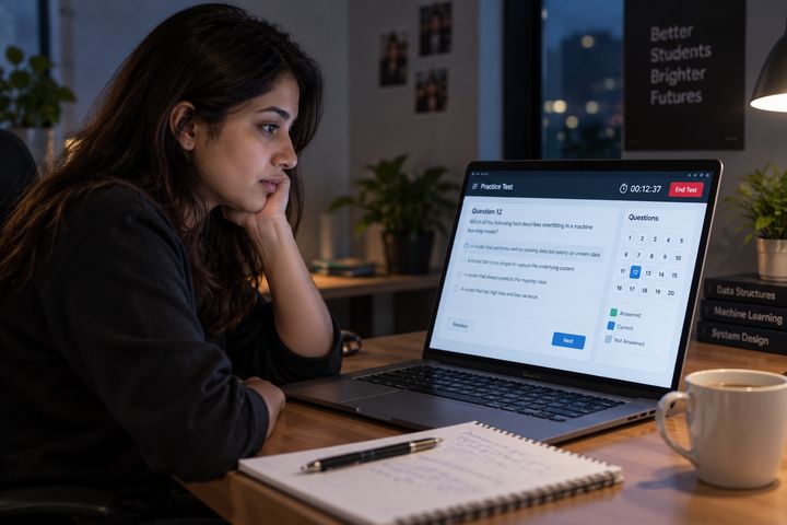 A learner taking a timed practice test on a laptop, a multiple-choice question on screen with a countdown and a question grid